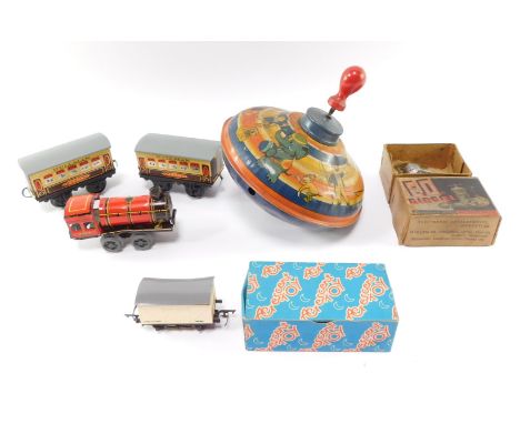 A British tin plate clockwork locomotive, a pair of Hornby O gauge Pullman wagons, Zena and Joan., an ED diesel Tri-ang cattl