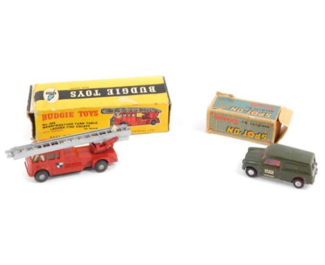 A Budgie Toys Merryweather Turntable Fire Engine, No 254, together with a Spot-On Morris GPO Telephone Mini van, No 210/2., b