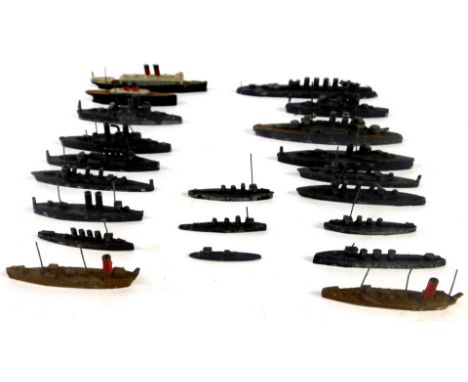 Early 20th metal scale models of battleships, further naval and merchantile craft. (a quantity)