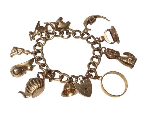 9ct gold curb link charm bracelet with padlock clasp and ten gold charms to include eight 9ct gold, yellow metal seal and 22c