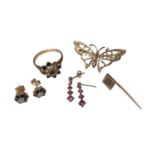9ct gold butterfly brooch, 9ct gold gem set cluster ring, two pair of 9ct gold gem set earrings and