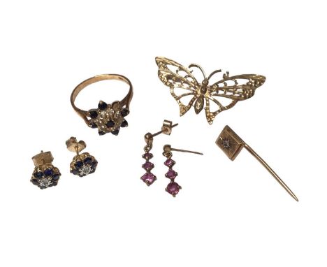 9ct gold butterfly brooch, 9ct gold gem set cluster ring, two pair of 9ct gold gem set earrings and a yellow metal pin9ct gol