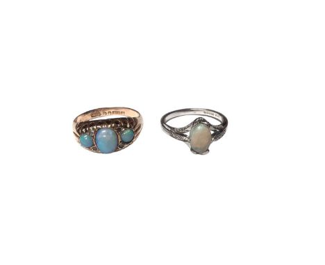 Edwardian 9ct gold opal and diamond ring (Chester 1902), size O, and a contemporary 9ct white gold opal ring with diamond set