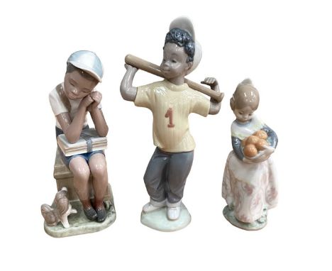 Six Lladro and Nao porcelain figures including Spanish Orange seller and Boy with baseball bat