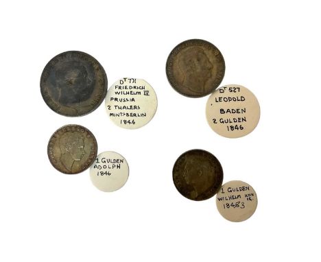 German States - Mixed silver coins to include Baden 2 Guilden 1846 VF, Nassau 1 Guilden 1846 EF, Prussia 2 Thalers 1846A VF &