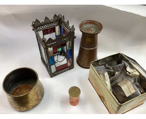 Arts &amp; Crafts brass lantern, Mamluk-style brass pot, another brass vase and a box of pre-decimal coins