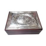 Contemporary silver mounted wooden jewellery box with embossed floral and ribbon decoration (Sheffie