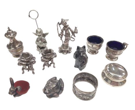 Silver condiments, silver hunting scene napkin ring, silver desk weight, various silver/white metal figures, animals and orna