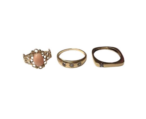 14ct gold old cut diamond three stone ring, together with two other 14ct gold dress rings (3)Total weight 7.4 gramsThe three 