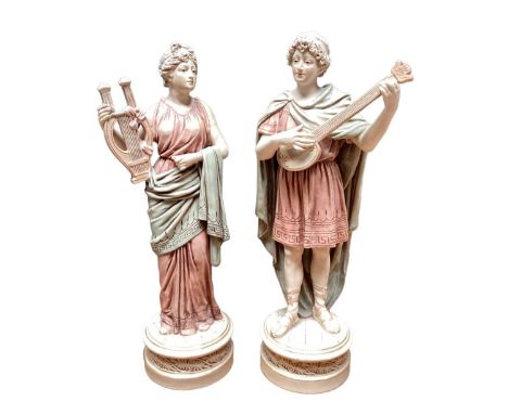 Pair of Royal Dux figures playing musical instruments, pink triangle mark to base, numbered 143 and 144, 31.5cm high and 30.5