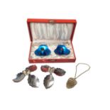Pair of Danish Meka white metal and blue enamelled candlesticks, one other pair of Danish silver pla