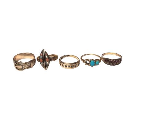 Group of five Victorian and Edwardian gold and gem set rings including 9ct gold buckle ring, two 15ct gold rings and two yell