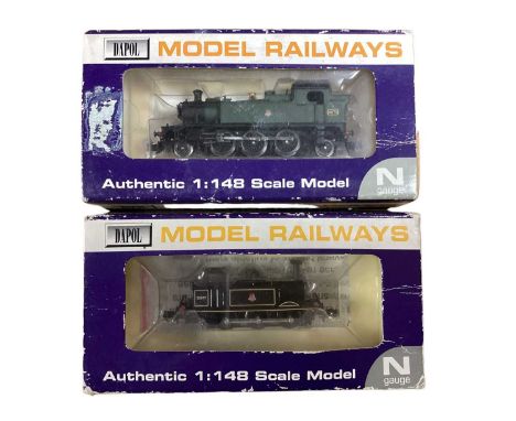 Dapol N Gauge 0-6-0 BR lined black Early Emblem Terrier tank engine 32677, boxed ND-100N and 2-6-2 BR green Early Emblem Clas