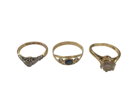 18ct gold diamond single stone ring in platinum illusion setting and two other 18ct gold gem set rings (3)Total weight 7 gram