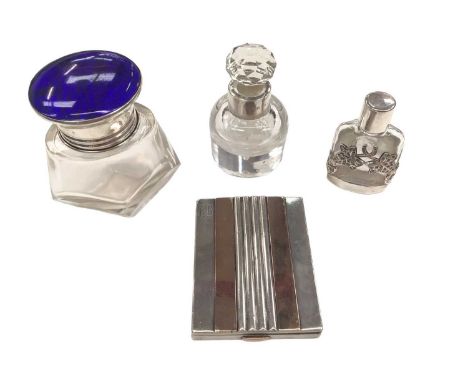 Art Deco French silver and rose gold powder compact by Keller, Paris, together with a silver mounted and blue enamel smelling