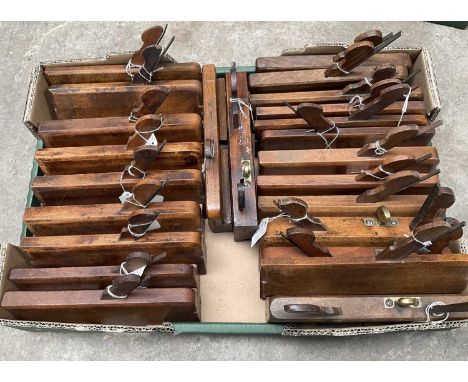 Collection of 24 antique woodworking planes to include dado planes and moulding planes, mostly signed by the makers, includin