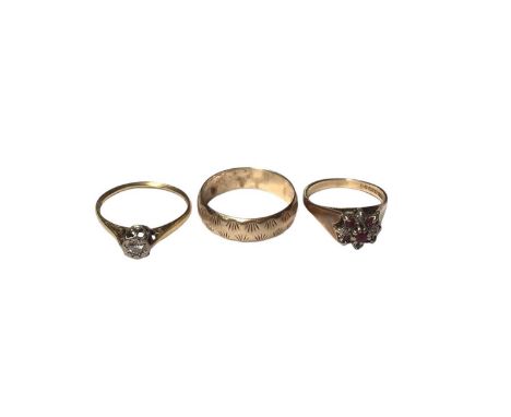 18ct gold diamond single stone ring, 9ct gold wedding ring and 9ct gold gem set flower head cluster ring (3)  18ct gold ring 