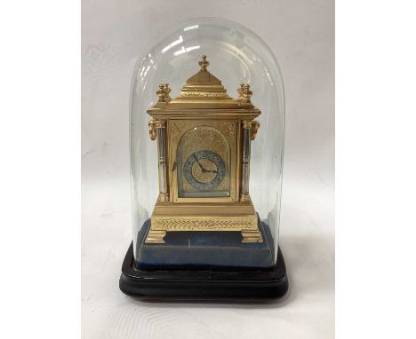 Antique gilded mantle clock with fusee movement, under glass dome on plinth base, 27cm high