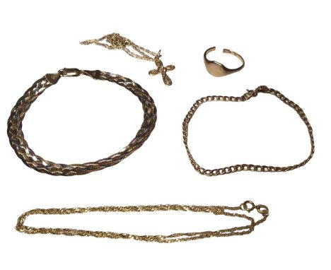 Group of 9ct gold jewellery including a three colour gold woven bracelet, one other curb link bracelet, two chains, cross pen