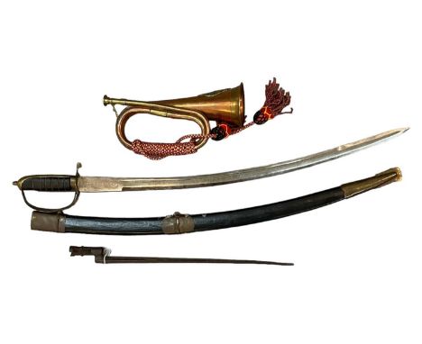 Socket bayonet, Indian sword and a copper Argyll &amp; Sutherland Highlanders regimental bugle (3)