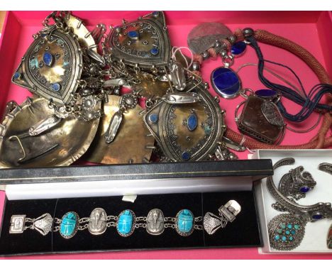 Egyptian silver pharaoh and scarab beetle bracelet, Indian white metal bracelet-ring, turquoise pendant and ring, three white