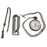 Edwardian silver pocket watch together with two silver Albert chains and a Victorian white metal fob