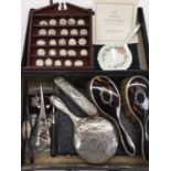 Group of silver mounted dressing table mirrors and brushes including enamelled and tortoiseshell, pa
