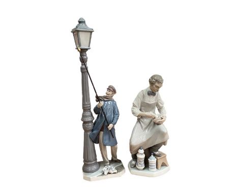 Four Lladro porcelain figures including lamp lighter and doctor