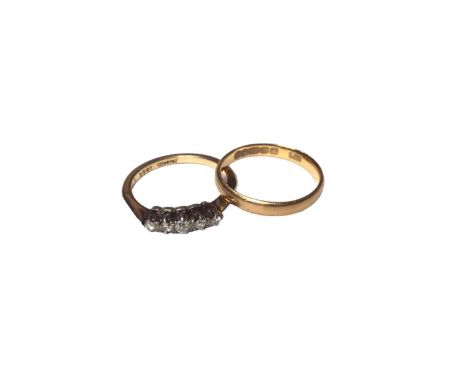 18ct gold diamond five stone ring, size K and a 22ct gold wedding ring, size J½ (2)18ct gold ring weighs 2.6 grams22ct gold r