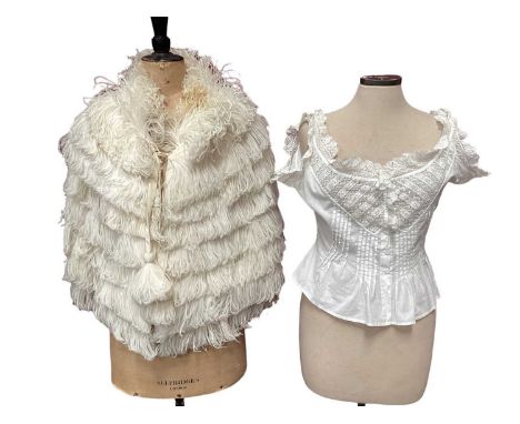 Ostrich feather cape with feather tassel ties c.1930's plus a cotton and lace blouse.