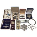 Group of silver and white metal jewellery including a Victorian white metal brooch in the form of a
