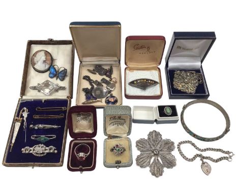 Group of silver and white metal jewellery including a Victorian white metal brooch in the form of a fan with enamelled bird d