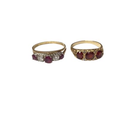 1970s 18ct gold ruby and diamond five stone ring, size R½ and one other similar 18ct gold ring, size O (2)Total weight 8 gram