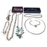 Silver and white metal chains and necklaces, silver torque necklace and bangle, two silver link brac