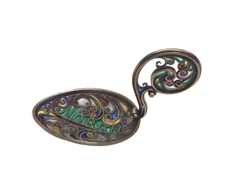 19th century Norwegian white metal and plique-à-jour enamel caddy spoon, in the style of Marius Hammer, the bowl inscribed 'N
