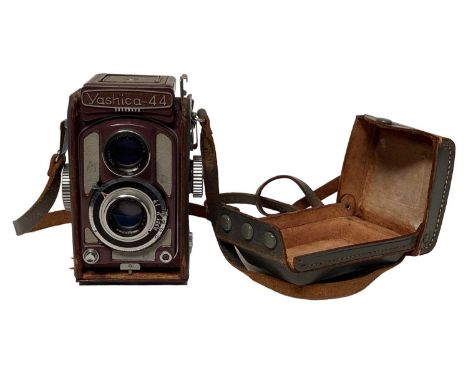 Yashica 44 twin lens reflex camera in case, in lavender colour scheme, together with a Yashica-D (2)