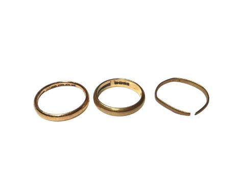Two 22ct gold wedding rings and one other yellow metal ring (cut)Total weight 10.3gThe cut ring has Birmingham hallmarks but 