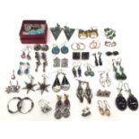 Group of silver and white metal pairs of gem set earrings and some others