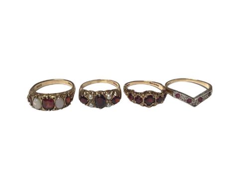9ct gold opal and garnet five stone ring in carved claw setting, size P½, 9ct gold garnet and seed pearl ring, size Q, 9ct go