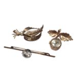 9ct gold pendant watch on 9ct gold leaf brooch mount, 9ct gold foliate spray brooch and a 18ct gold