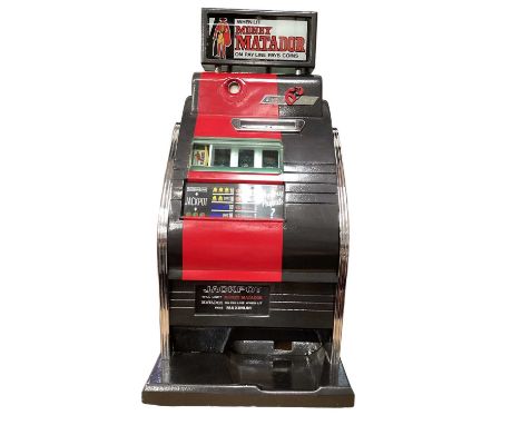 Vintage Money Matador fruit machine, in working order, with plastic container containing sixpences82cm high, 41.5cm wide, 44.