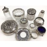 Group of silver mounted glass jars, castors etc, Victorian silver salt with blue glass liner, silver