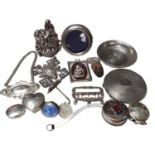 Group of silver and white metal trinkets including a pin dish, buckle, pill boxes, miniature photogr