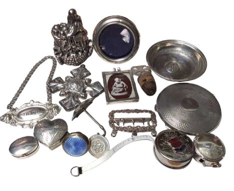 Group of silver and white metal trinkets including a pin dish, buckle, pill boxes, miniature photograph frame, cork bottle st