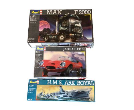 Revell 1:24 Scale model kit Jaguar XK SS, MAN F2000, 1:72 SCale HMS Ark Royal, plus Aoshimn 4200 Isuzu Giga 25 wing cargo and