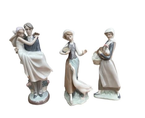 Six Lladro and Nao porcelain figures including married couple, girl with doll and lady sat on a tree stump