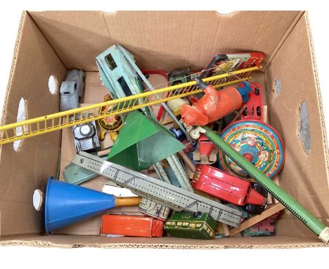 Tri-ang Minic dust cart, fire engine, bus, plus other manufactures to include naval ship, tortoise, climbing fireman and othe