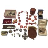 Group of antique and vintage jewellery including silver brooches and rings, woven seed pearl necklac