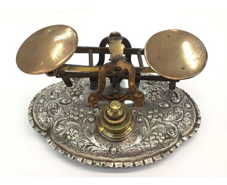 Victorian silver mounted Howell &amp; James Limited brass desk scales with weights (London 1888), 19cm wideSound original con