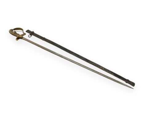 Imperial German Officer's Sword with brass stirrup hilt, wire bound shagreen grip, plated fullered curved blade in black pain